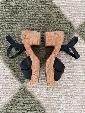 Black Cork Wedge Sandals - Women